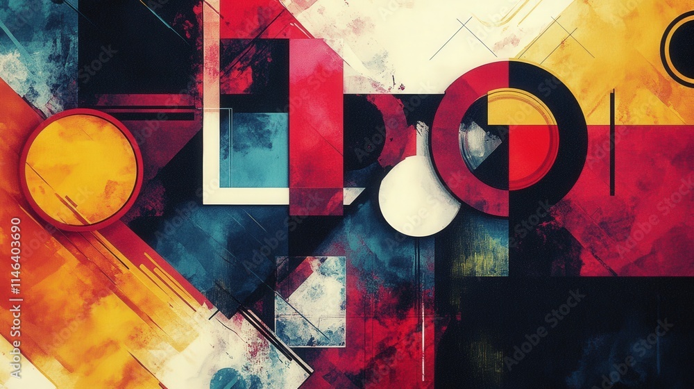 Poster an abstract artwork where geometric shapes like squares, circles, and polygons overlap