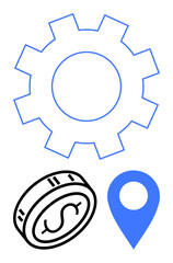 Blue gear, coin with dollar sign, and blue location pin emphasize finance, technology, and navigation concepts. Ideal for business, finance, navigation, investment technology operations planning