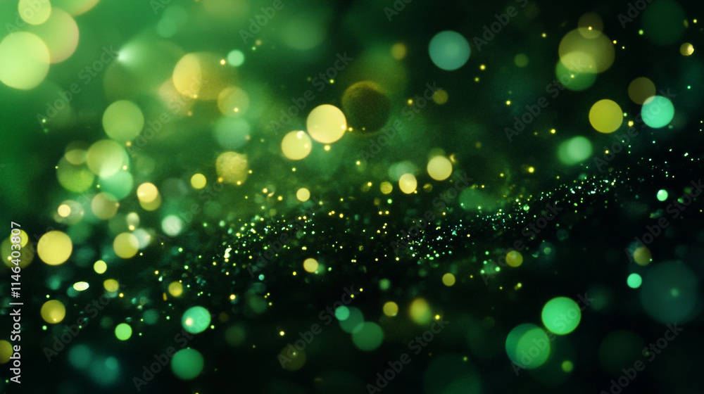 Poster vibrant green bokeh background with shimmering lights and soft focus effect.