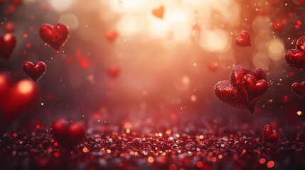 Obraz premium Background with red hearts. Copy space. Photorealistic nature, blurred background. Glitters and bokeh. Valentine's day, love concept. Generative AI 