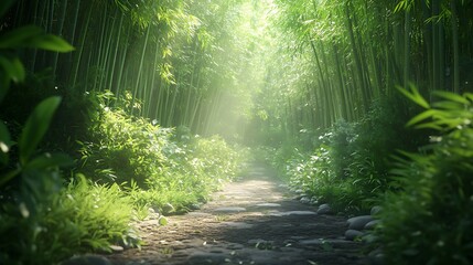 Obraz premium Photo of a path through a bamboo forest surrounded background