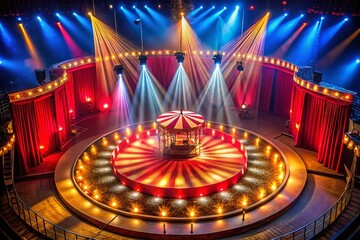 Aerial Drone Shot: Circus Stage Podium, Red Curtain, Vintage Spotlight, Carnival Lights