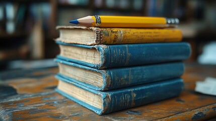 Yellow Pencil Resting on Stack of Old Blue Books