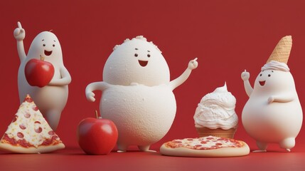 Cheerful 3D rendered characters enjoying pizza and apples.