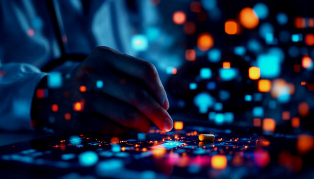 Internet health, global health networks, medical technology, and the idea of telemedicine. A physician using medical technology, medication, and healthcare through an internet network connection while