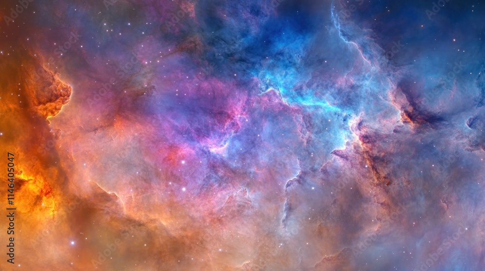 Poster A vibrant cosmic nebula showcasing colorful gases and stars in the universe.