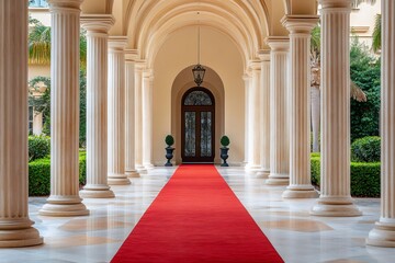 Fototapeta premium Red carpet leading to elegant building entrance with columns