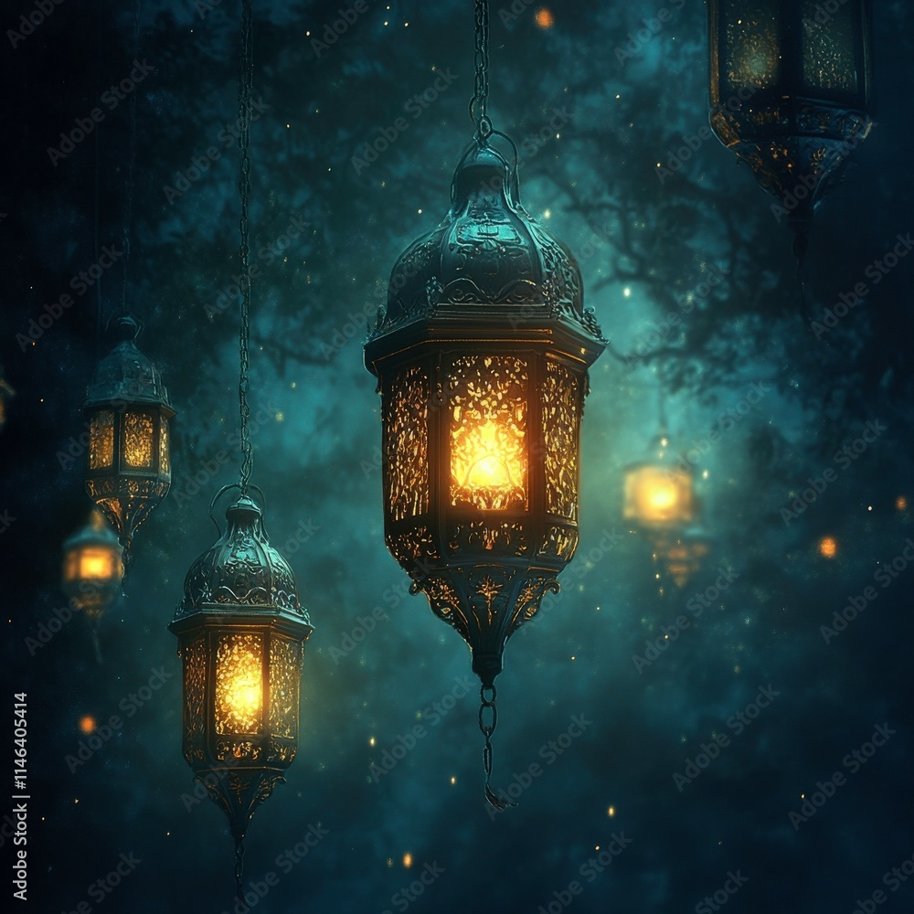 Poster enchanted lanterns glowing in mystical night sky with soft light and dreamy atmosphere creating a ma