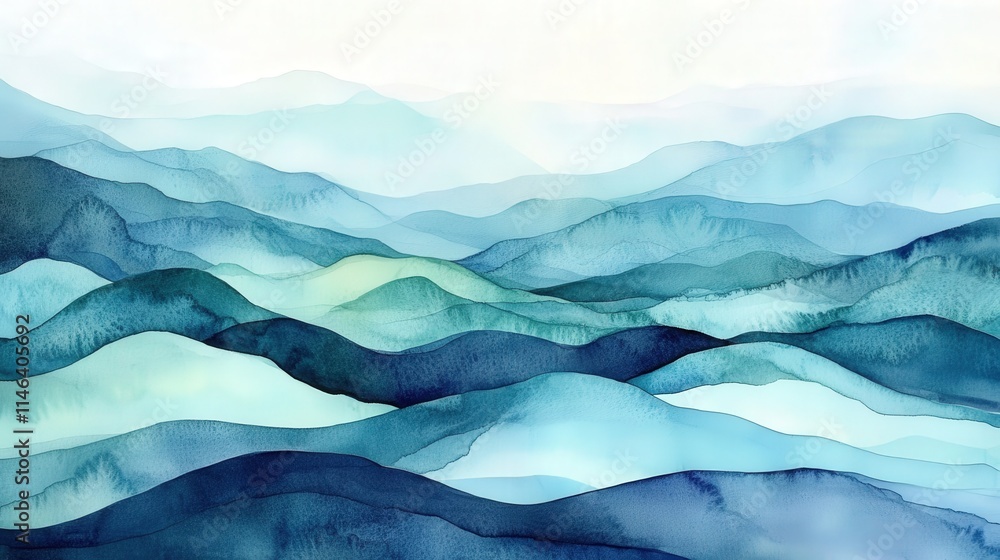 Poster an abstract watercolor scene with waves gently rolling across a soft background of ocean-inspired hu