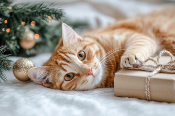 Ginger cat relaxing near christmas tree with gift box