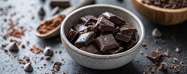 Dark chocolate chunks filling a bowl on a table