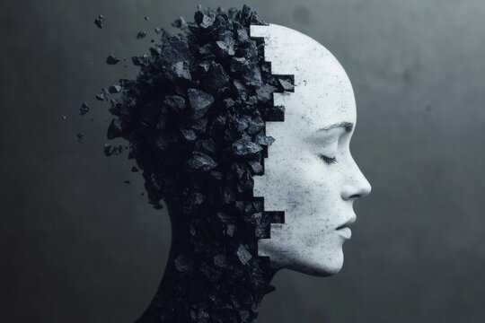Woman breaking down, mental health issues depicted with exploding head sculpture