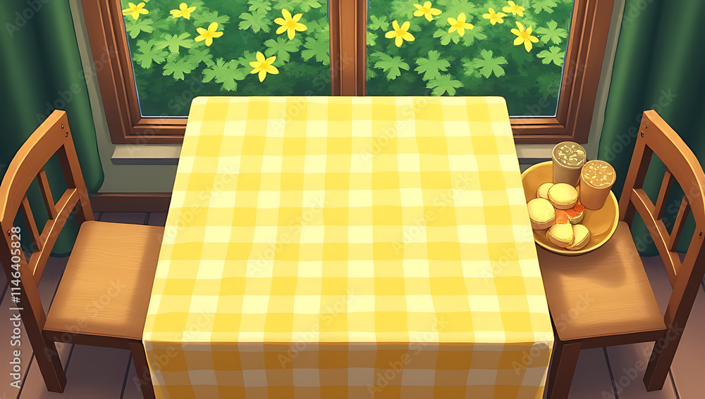 Poster a yellow checkered tablecloth is placed in a top view scene featuring an abstract green garden and a