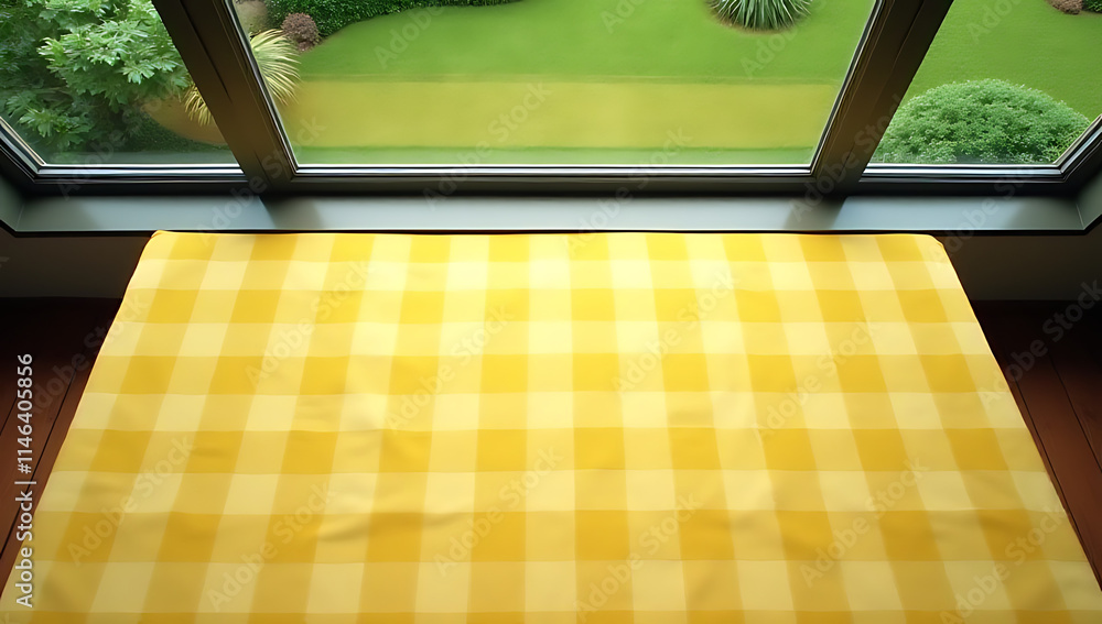 Poster a yellow checkered tablecloth is placed in a top view scene featuring an abstract green garden and a