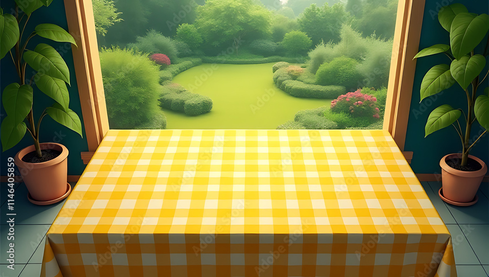 Poster a yellow checkered tablecloth is placed in a top view scene featuring an abstract green garden and a