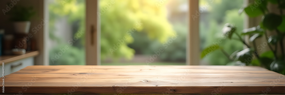 Poster a worn wooden table top stands empty against a blurred background of an overgrown garden outside the