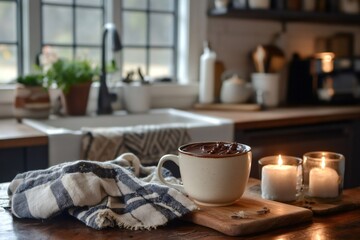 Fototapeta premium Hot chocolate with candles creating cozy atmosphere in rustic kitchen