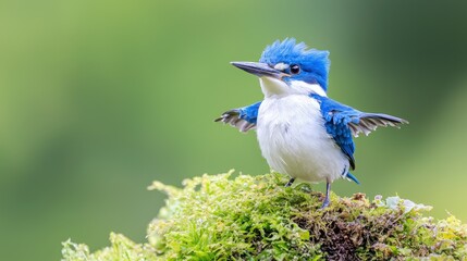Obraz premium A vibrant blue kingfisher perched on moss, wings slightly raised.