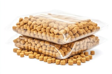 Dry pet food contained in transparent plastic bags filling the frame