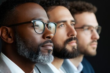 Three businessmen wearing glasses looking in same direction on black background