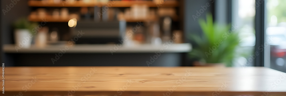 Poster A wooden table with a minimalist design sits empty in a blurred coffee shop background awaiting product display and key visuals._00003_