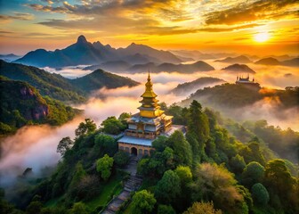 Aerial Drone View: Majestic Mountain Temple - Spiritual Serenity, Breathtaking Landscape Photography