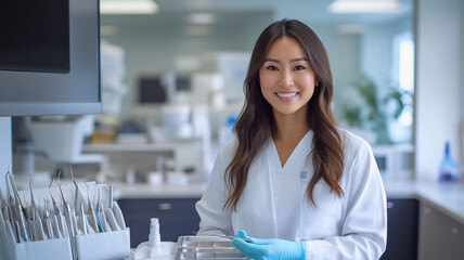 dental hygienist smiles while preparing sterilized dental instruments in modern clinic. bright environment reflects professionalism and care in dental hygiene
