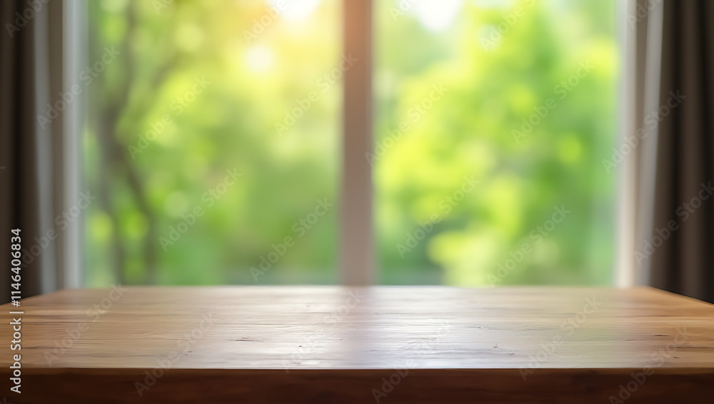 Poster a wooden table stands empty in a room with a blurred curtain and a glimpse of vibrant greenery outsi