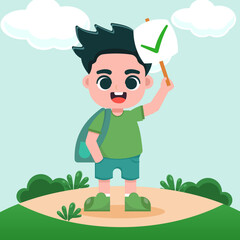 Cute Elementary school boy Carrying Right answer with big smile, around green nature