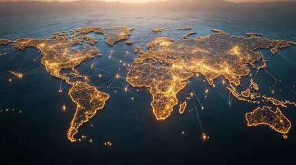 Abstract Global Network Concept: Glowing World Map, Glowing Connections Around Earth, Data Transfer, Cyber Technology, Digital Connectivity, Global Communication Systems