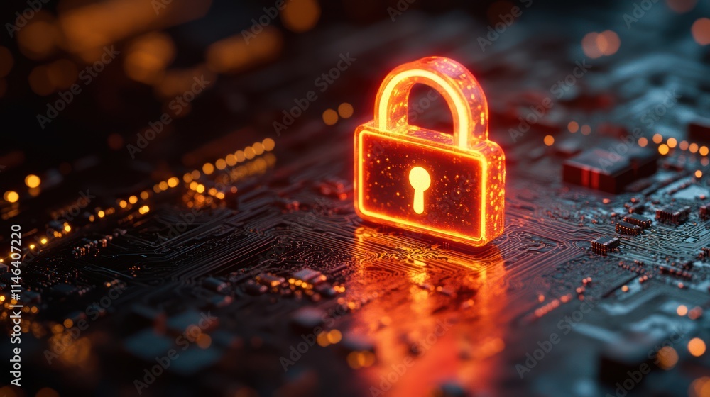 Poster glowing padlock on circuit board, symbolizing digital security and data protection.