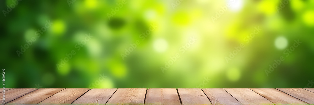 Poster A wooden table is set in a beautiful garden with a blurred green leaf background creating a peaceful atmosphere._00001_