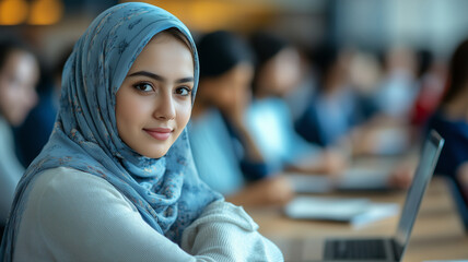 happy female Muslim student wearing hijab studies in classroom, focused and engaged with her work. atmosphere is collaborative and inspiring