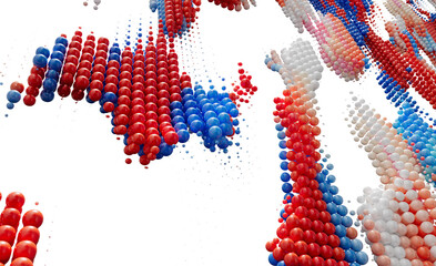 Abstract 3D Render of Colorful Spheres, Red Blue White Balloons, Data Visualization, Dynamic Flow, Technology Background