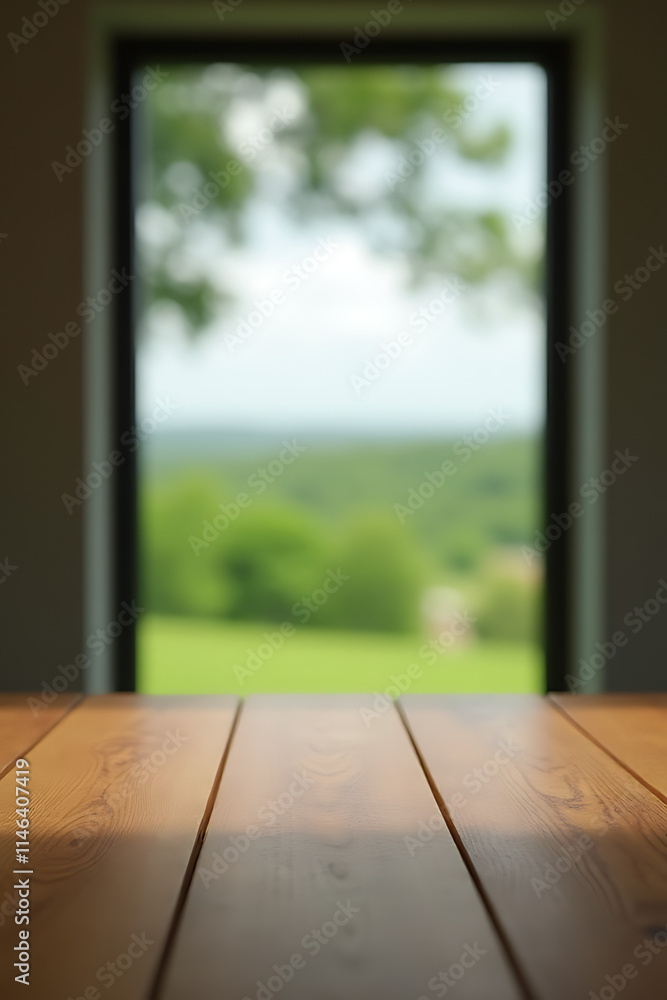 Poster a wooden table is centered in a blurred landscape with a green view through a glass window on the wa