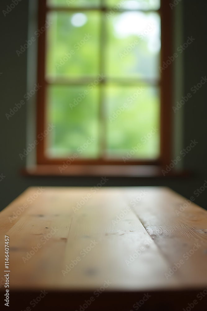 Poster a wooden table is centered in a blurred landscape with a green view through a glass window on the wa