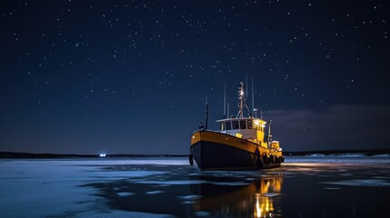 A vibrant fishing boat anchored on icy waters under a starry night sky.