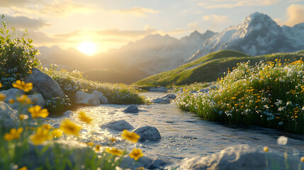 Sunset Mountain Stream 3D Illustration