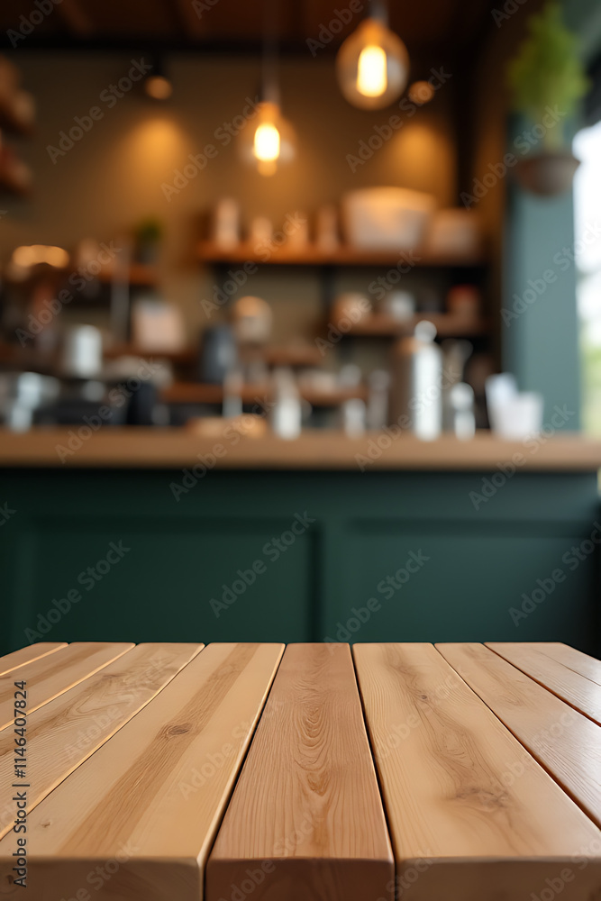 Poster A wood table top is visible behind a blurred image of a cafe counter with a light bulb in the background._00003_