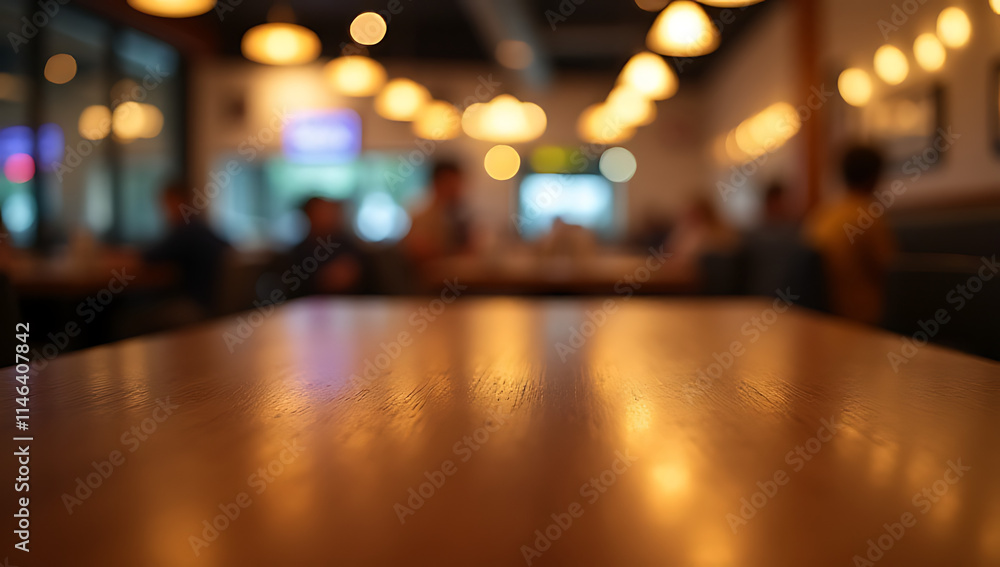 Poster a wood table top reflects a blurry blur of lighting in a busy restaurant setting with selective focu