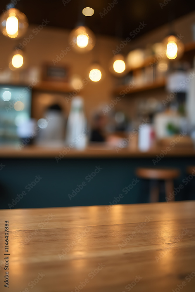 Aufkleber A wood table top is visible behind a blurred image of a cafe counter with a light bulb in the background._00002_
