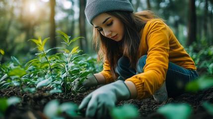 Female Environmental Activist Planting Trees in Forest for Sustainability and Hope