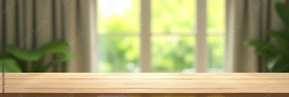 Poster a wood table top is in focus while a blurred curtain and garden background are used for a product di