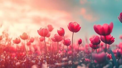 Fototapeta premium A vibrant celebration of Easter featuring colorful eggs, blooming flowers, and cheerful decorations under a clear blue sky.