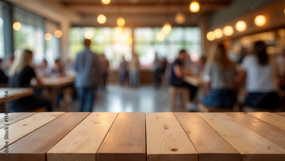 Poster a wood table top features a blurred crowd of people in a vibrant community cafe setting for a produc