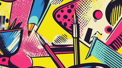 A vibrant illustration featuring art supplies and creative elements.