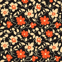 Elegant Floral Pattern Orange and Beige Blooms on Black
