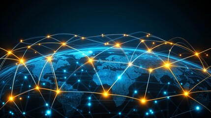 Obraz premium Abstract Global Network Concept: Glowing World Map, Glowing Connections Around Earth, Data Transfer, Cyber Technology, Digital Connectivity, Global Communication Systems
