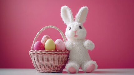 A charming white bunny sits on a table beside a colorful basket filled with beautifully decorated Easter eggs, symbolizing the joy of the holiday.