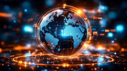 Fototapeta premium Abstract Global Network Concept: Glowing World Map, Glowing Connections Around Earth, Data Transfer, Cyber Technology, Digital Connectivity, Global Communication Systems